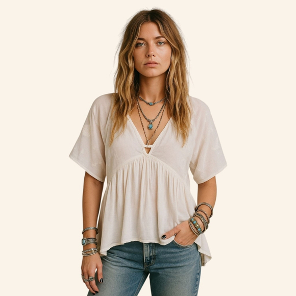 Free People Ivory Embroidered New World Kaftan Top Boho Flowy Festival Vibes S - Picture 2 of 14
